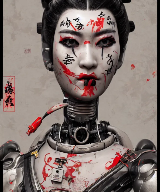 Image similar to an epic fantastic realism comic book style portrait painting of a japanese robotic geisha with kanji tattoos and decals, apex legends, octane render, intricate detail, 4 k hd, unreal engine 5