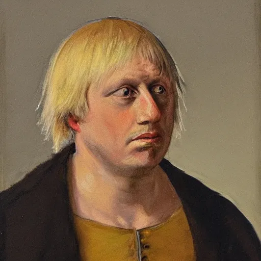 Prompt: a detailed painting of boris johnson as a peasant in 1 2 th century england, exhibited in the british museum, oil on canvas, traditional art, painting