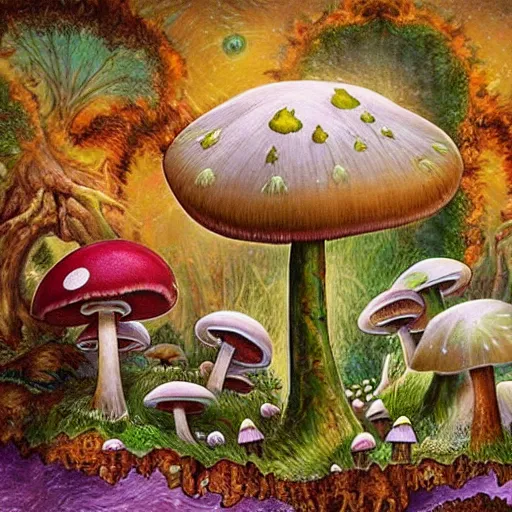 Image similar to abundant and elaborate visions once the mushroom gods come to roost