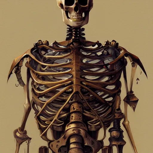 Prompt: Portrait of a steampunk skeleton by greg rutkowski, Mandy Jurgens