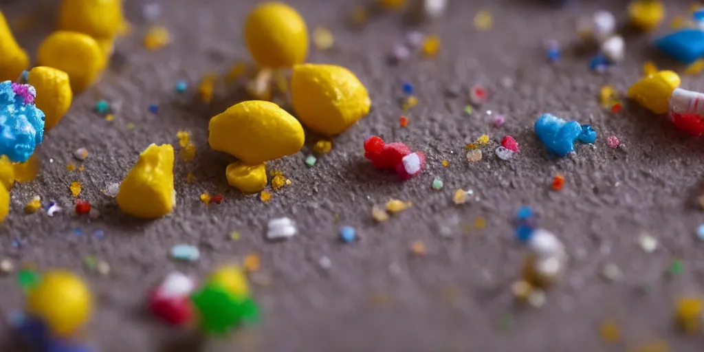 Image similar to a cinematic film still of a claymation stop motion film about a town made of lemons and candy, shallow depth of field, 8 0 mm, f 1. 8