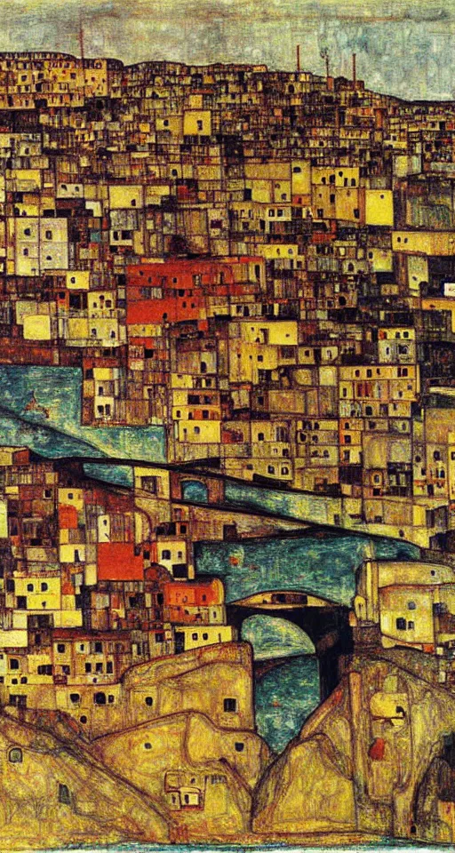 Image similar to a city in south of iran with a bridge, painting by egon schiele