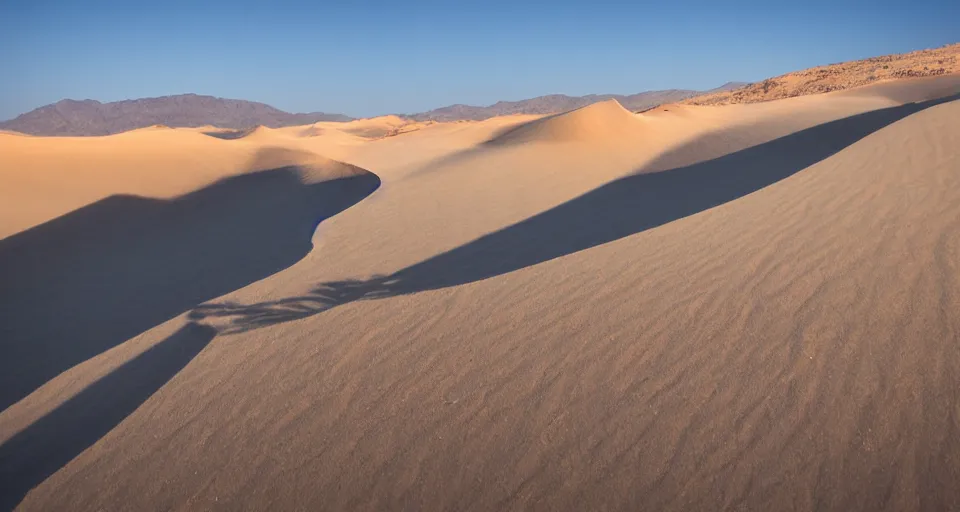 Image similar to the desert is cold that morning as the rough dirt transitions unnaturally to sand. as the light rises the edges of the dunes glow blueish, the sunlight twisted and refracted.