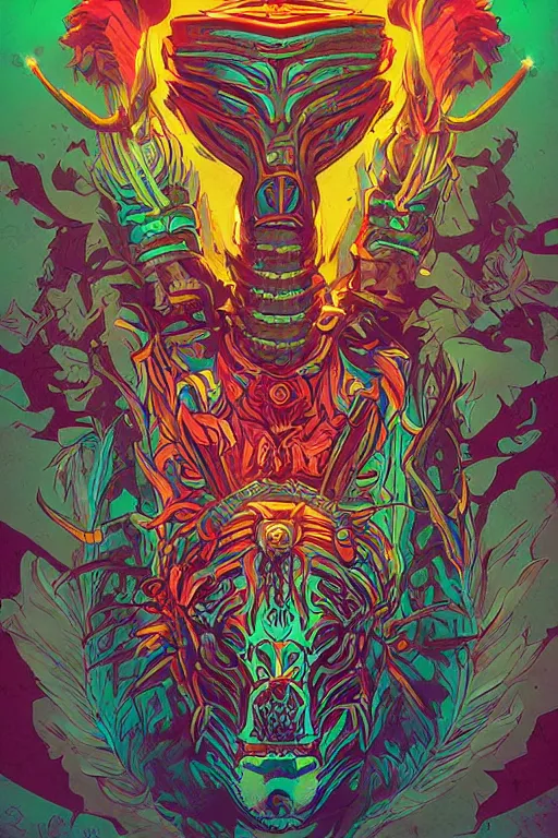 Image similar to totem animal tribal chaman vodoo mask feather gemstone plant wood rock video game illustration vivid color borderlands by josan gonzales and dan mumford radiating a glowing aura