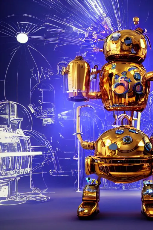 Image similar to portrait photo of a giant golden and blue metal steampunk robot wearing a big chef hat, with steaming pots and pans and tubes and a futuristic barbeque grill, eyes are green lights, shiny crisp finish, 3 d render, 8 k, insaneley detailed, fluorescent colors, background is multicolored lasershow