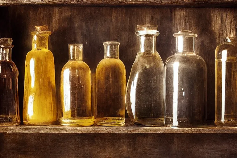 Prompt: five separate glowing potions on a wooden shelf, 1 2 century photograph captured in an office