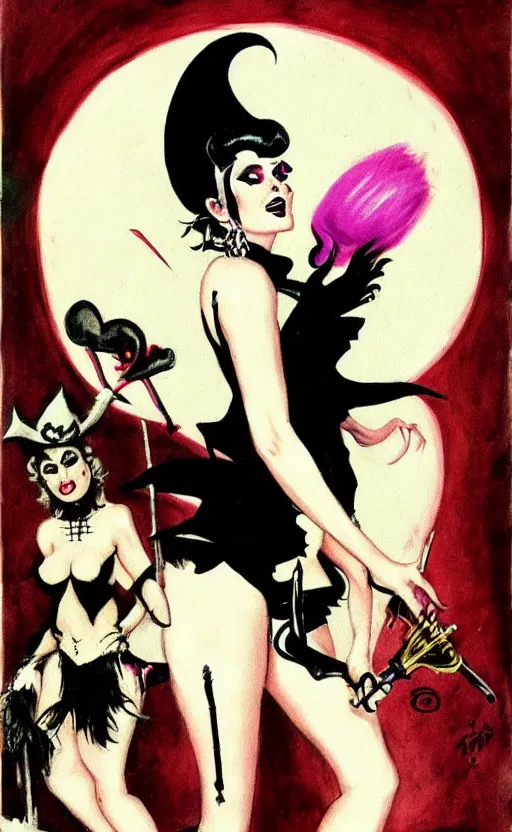 Image similar to of a witch girl burlesque psychobilly punk, rockabilly black hair, white background, drawing, illustration by frank frazetta