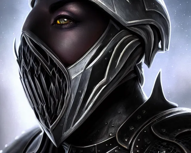 Image similar to extreme close up portrait of a dark elf in futuristic black leather armor, reflective black, bottom up lighting, stoic, poised, deep focus, d & d, fantasy, intricate, highly detailed, digital painting, artstation, concept art, matte, sharp focus, illustration, hearthstone, art by artgerm and greg rutkowski and alphonse mucha