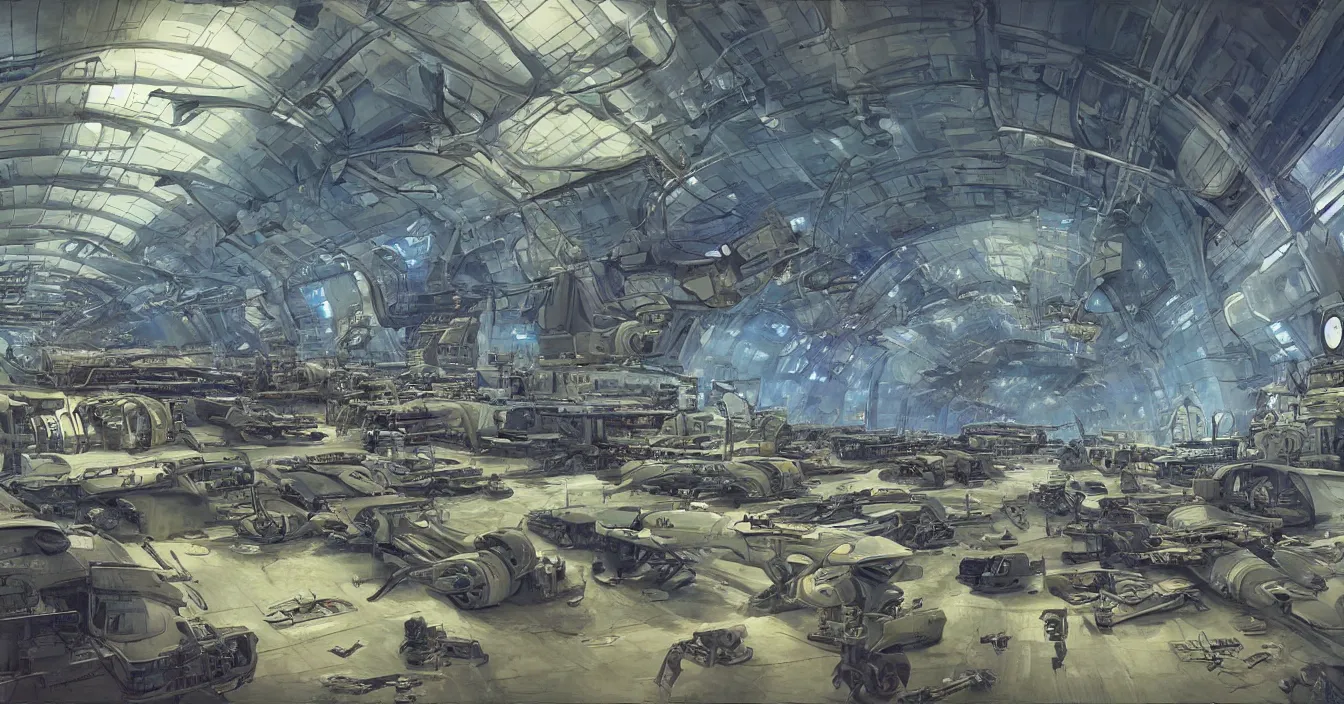 Prompt: Interior of the hall in area 55, full of alien military equipment, engineers working on flying saucers, high detail, wide perspective, saturated colors, digital art, amazing concept art, by Darwin Cellis