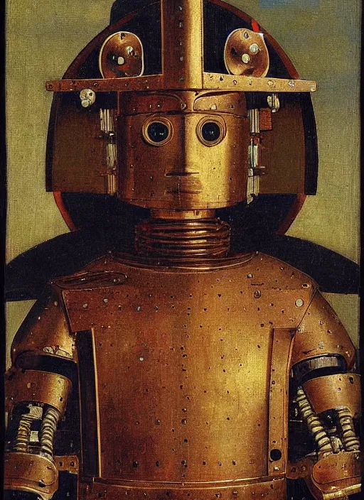 Prompt: warrior robot by Jan van Eyck