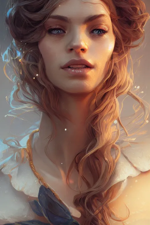 Image similar to an insanely detailed portrait of a beautiful woman facing you, highly detailed features, sparkling blue eyes, long eyelashes, long golden blonde hair, beautiful smile, in the style of peter mohrbacher, artgerm, dramatic lighting and composition, octane render, trending on artstation, concept art 8 k