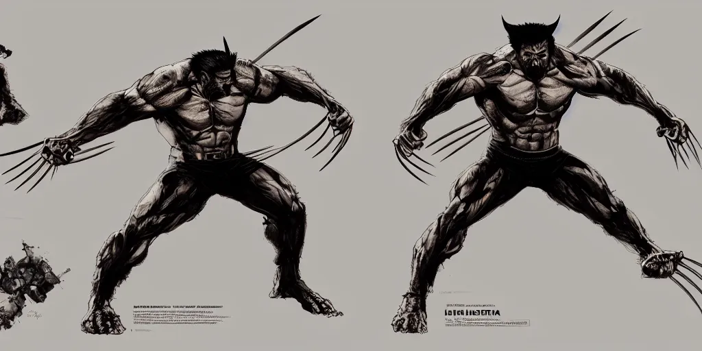 Image similar to the wolverine, character sheet, concept design, contrast, kim jung gi, greg rutkowski, zabrocki, karlkka, jayison devadas, trending on artstation, 8 k, ultra wide angle, pincushion lens effect