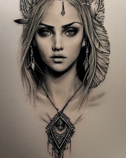 Image similar to tattoo sketch of beautiful greek goddess aphrodite with arrowhead earrings and beautiful feather jewelry, beautiful piercing eyes, beautiful blonde hair, hyper realistic face, in the style of greg rutkowski, fantasy, amazing detail, epic, elegant, smooth, sharp focus, from the front