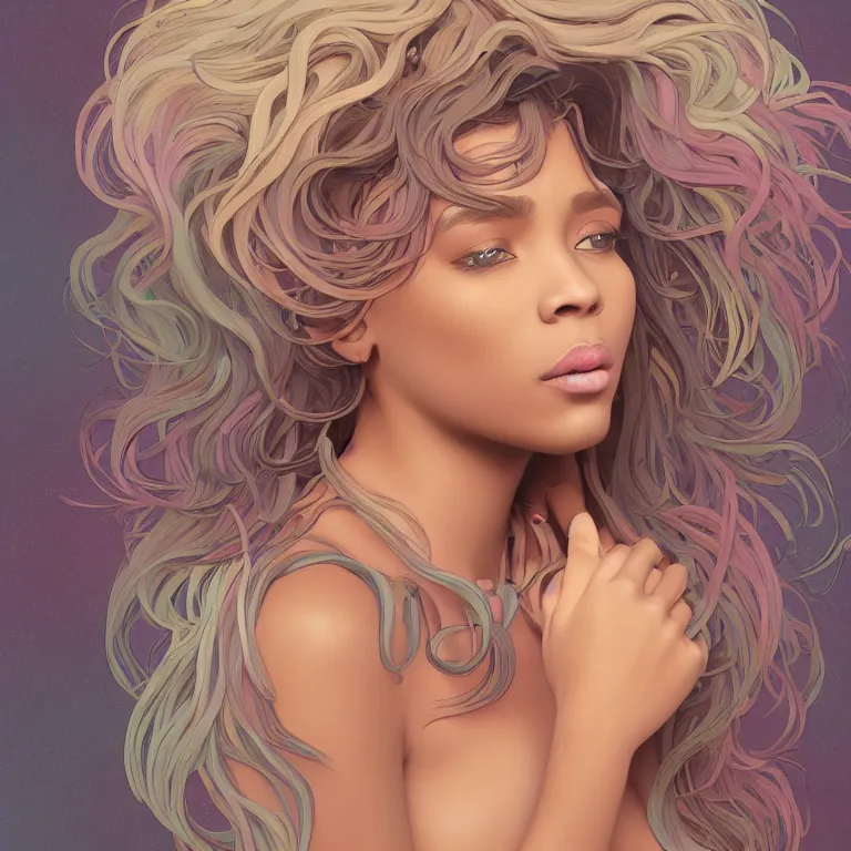 Image similar to beautiful black woman with gorgeous pastel balayage hairstyle, as seen on artgerm, octane render, in the style of alphonse mucha, ultra realistic, highly detailed, 8 k