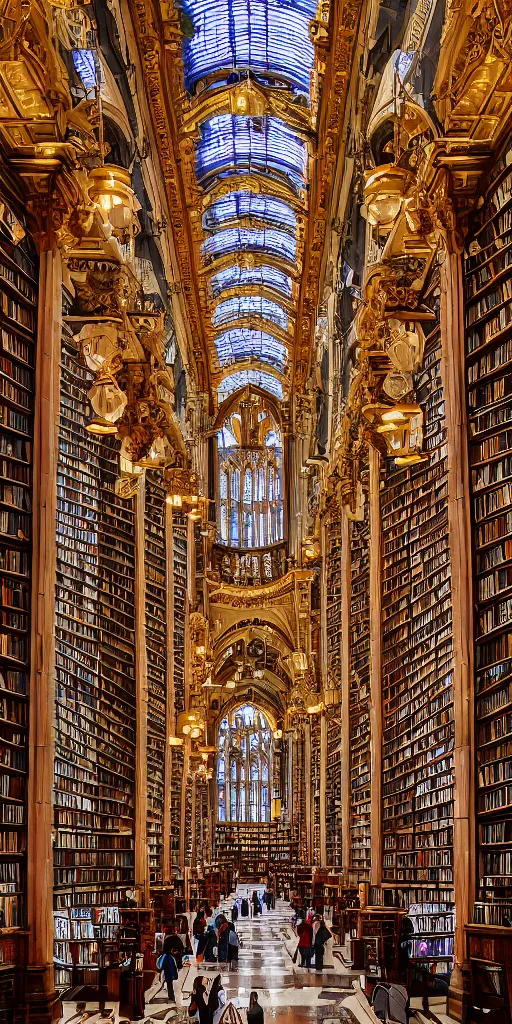 Prompt: interior view of the largest library in the galaxy, beautiful stained glass windows, ornate architecture, opulent, elaborate tall ceilings and archways, busy, crowded, detailed, 4K resolution