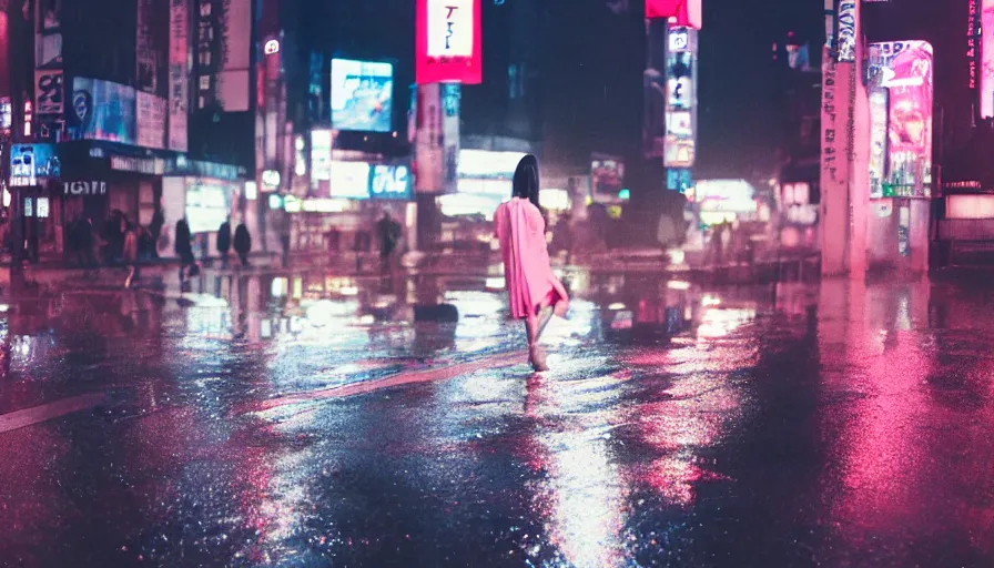 Image similar to street of shibuya photography, night, rain, mist, a girl with pink hair, cinestill 8 0 0 t, in the style of william eggleston