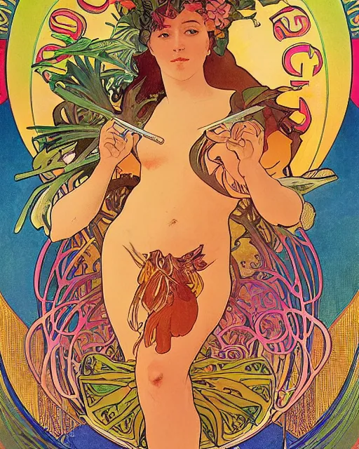 Image similar to a Poster of a bacalaito fritter with tropical iconography of a variety of tropical flora, cell shading, by Alphonse Mucha, Moebius, hiroshi yoshida, Art Nouveau, colorful, ultradetailed, vivid colour, 3d