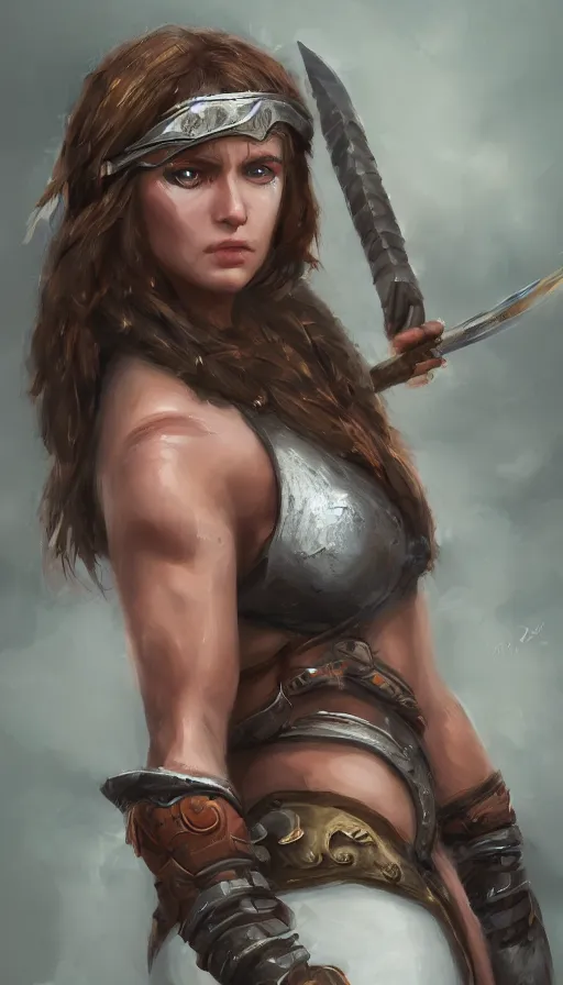 Image similar to head and shoulders focus portrait of a barbarian female high quality focus by wlop and rosstran