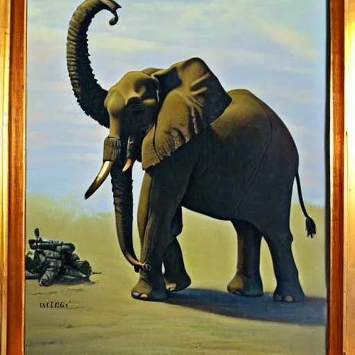 Image similar to an elephant in tactical gear in a frazetta painting