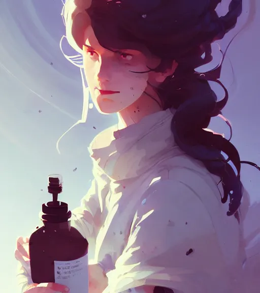 Prompt: portrait of a female alchemist, disheveled hair, by atey ghailan, by greg rutkowski, by greg tocchini, by james gilleard, by joe fenton, by kaethe butcher, dynamic lighting, gradient light blue, brown, blonde cream and white color scheme, grunge aesthetic