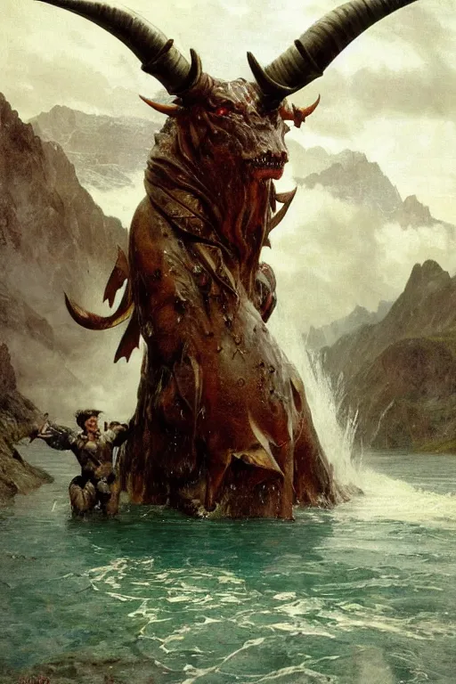 Prompt: martyn ford as huge horned armoured demon wearing cape and emerging from lake in canadian rockies, water splashing cascading, beautiful day, by albert bierstadt, ruan jia, lawrence alma tadema, zdzislaw beksinski, norman rockwell, jack kirby, tom lovell, greg staples