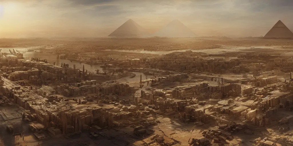 Prompt: beautiful matte painting of a egyptian city port by weta workshop 8 k, cinematic dramatic atmosphere, dramatic lighting