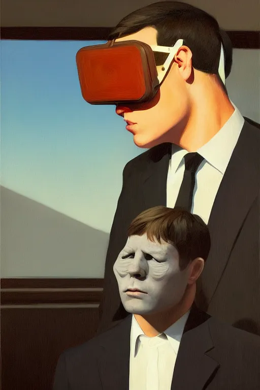 Image similar to Michael Saylor wearing oculus and bitcoin over his head Edward Hopper and James Gilleard, Zdzislaw Beksisnski, highly detailed