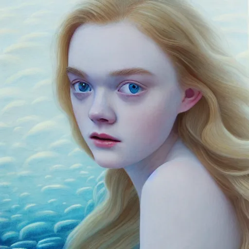 Prompt: Painting of Elle Fanning underwater, long blonde hair, delicate, pale milky white porcelain skin, by Johannes Vormeer. 8K. Extremely detailed.