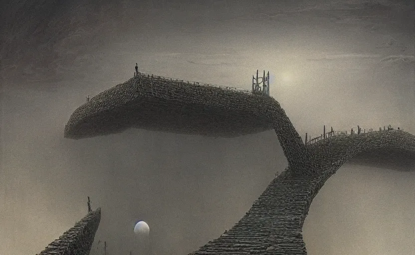 Prompt: A bridge over an endless abyss, Zdzislaw Beksinski, digital art