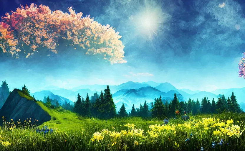 Image similar to mountain landscape in summer, flowers, trees, blue landscape, dreamy light, sunny, floating particles, complementary palette, by and jacek yerga and jesse king, pop surrealist, wiccan, unreal engine, bokeh, detailed