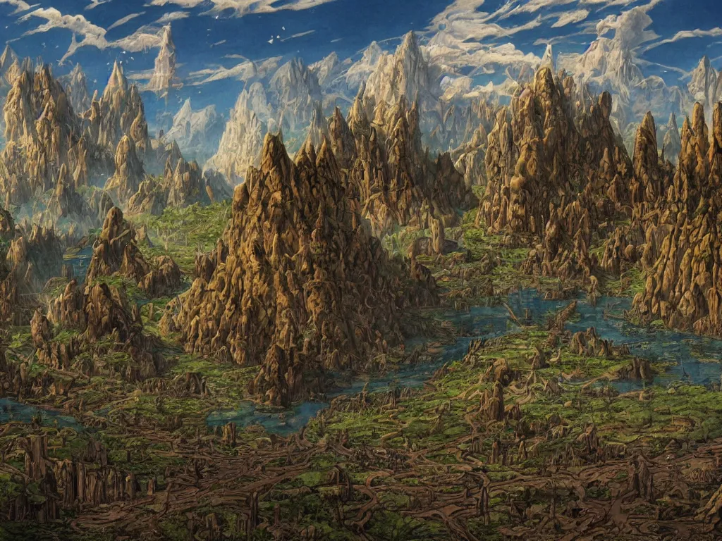 Image similar to fantasy landscape made by moebius with a 8 eyed humanoid god dealing cards over a medieval field