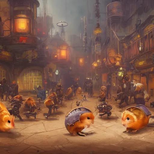 Prompt: oil painting of many hamsters with guns, steampunk clothes, steampunk city background, sharp focus, fantasy style, octane render, volumetric lighting, 8k high definition, by greg rutkowski, highly detailed, trending on art Station, dungeons and dragons artwork, centered