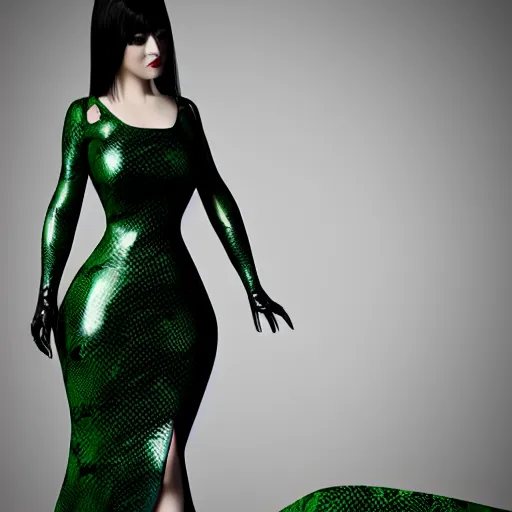 Image similar to curvy feminine hot goth cutie with sublime modest elegant patterned green-black snakeskin leather neck-high gown, cgsociety, photorealistic, comfy ambience, idealistic, 16k, smooth, sharp focus, trending on ArtStation, volumetric lighting, fully clothed, worksafe