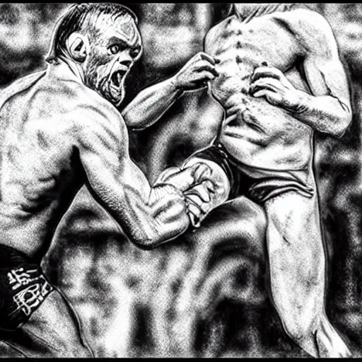 Image similar to gollum smeagol wrestling with conor mcgregor, ultra detailed, ultra realistic