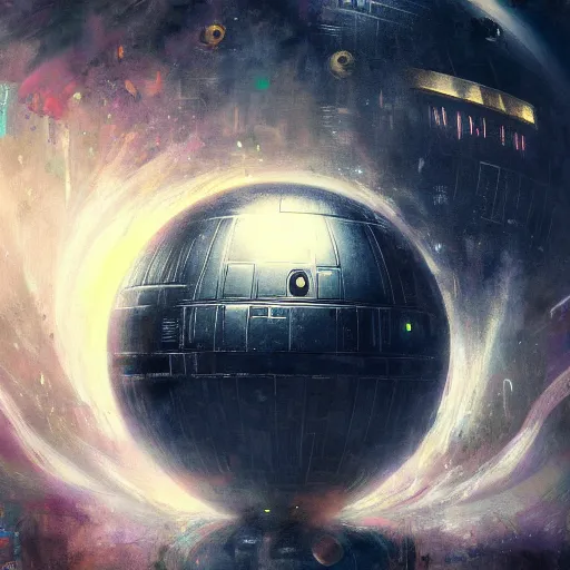 Prompt: gorgeous painting of the Death Star as a disco ball, 4k digital masterpiece by Greg Rutkowski and Ruan Jia and rossdraws, Alberto Seveso, fantasycore, Hyperdetailed, realistic oil on linen, soft lighting, Iconography background, featured on Artstation