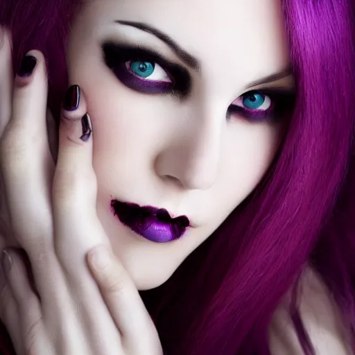 Image similar to female vampire portrait, purple hair, red eyes