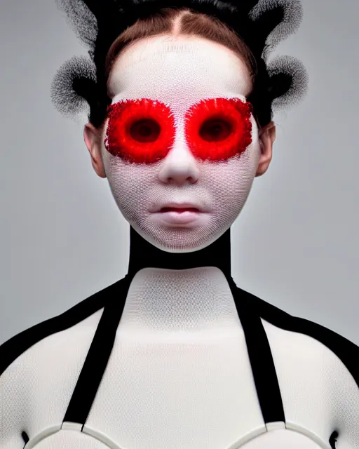 Image similar to portrait of a woman wearing a white embroidered translucent silicone mask and white red frizzy hair buns, wearing a black bodysuit by alexander mcqueen, cream white background, soft diffused light, biotechnology, humanoide robot, bjork aesthetic, translucent, by rineke dijkstra, intricate details, highly detailed, masterpiece,