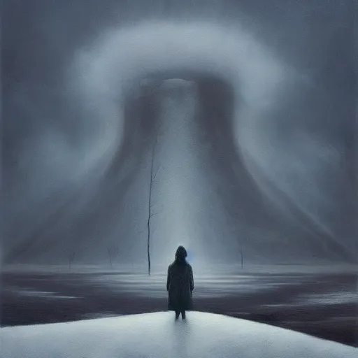 Image similar to a painting of a person standing in the snow, a surrealist painting by zdzisław beksinski and by alena aenami, deviantart, nuclear art, dystopian art, apocalypse landscape, surrealist