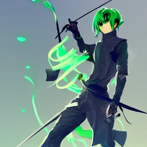 Image similar to anime fencer, green hair, male, character design, artstation, illustration