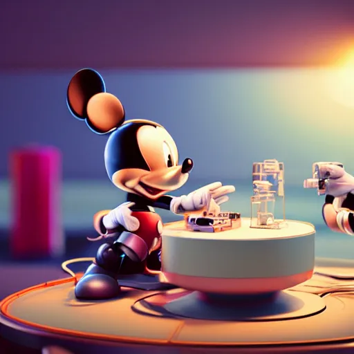 Image similar to a cybertronic mickey mouse being dissected by a group of scientists, octane render, beeple, cgstation, 3 d render, very detailed, mindblowing