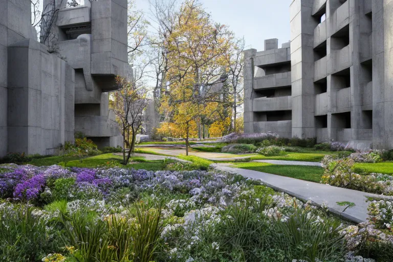 Image similar to beautiful landscaping, brutalist architecture, olmsted, masterpiece