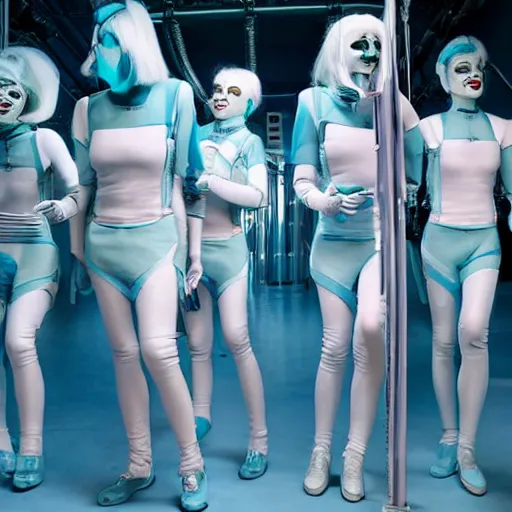 Image similar to troop of cloned freakshow women with white bob hairdos, tight light blue neopren suits, futuristic production facility, sci - fi, highly detailed, cinematic