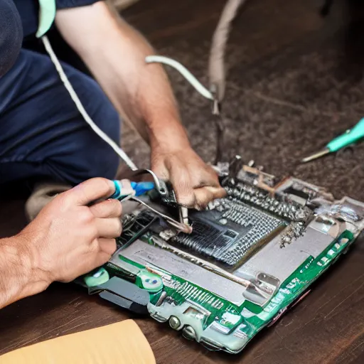 Image similar to detailed photo of a dog fixing an open CPU with tools in hands, dlsr photo