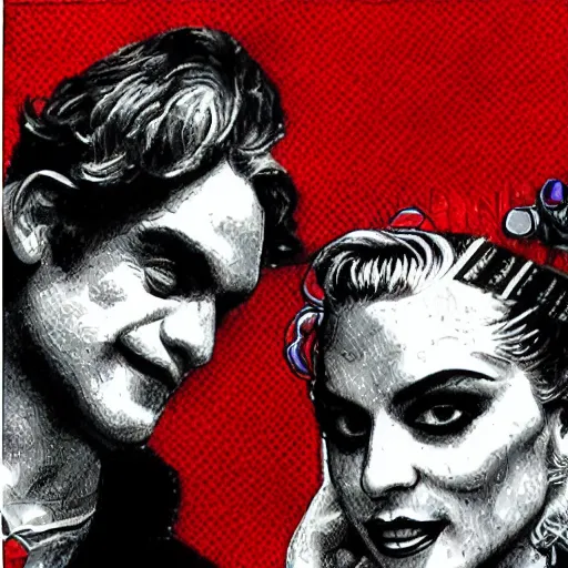 Image similar to mimmo rottela drawing joaquin phoenix skinny joker holding hand lady gaga harley queen, photorealistic, intricate details, pop art image,