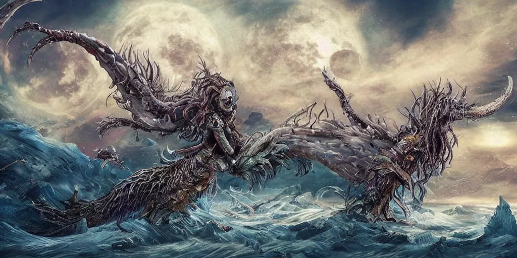 Prompt: concept art of giant mutant mermaids attack, lots of teeth, melting horror, fluffy feathers, round moon, rich clouds, fighting the horrors of the unknown with laser guns, high resolution, very detailed, colorful, roaring, volumetric light, mist, grim, fine art, decaying, textured oil over canvas, epic fantasy art, very colorful, ornate