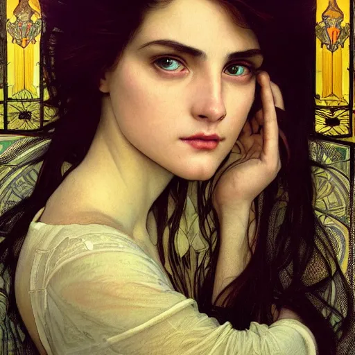 Image similar to photo portrait of a beautiful bewitching female, zeiss lens, detailed, symmetrical, centered, by greg rutkowski and alphonse mucha, edward robert hughes, annie leibovitz and steve mccurry, david lazar, jimmy nelsson, breathtaking, 8 k resolution, extremely detailed, beautiful, establishing shot, artistic, hyperrealistic, beautiful face, octane render