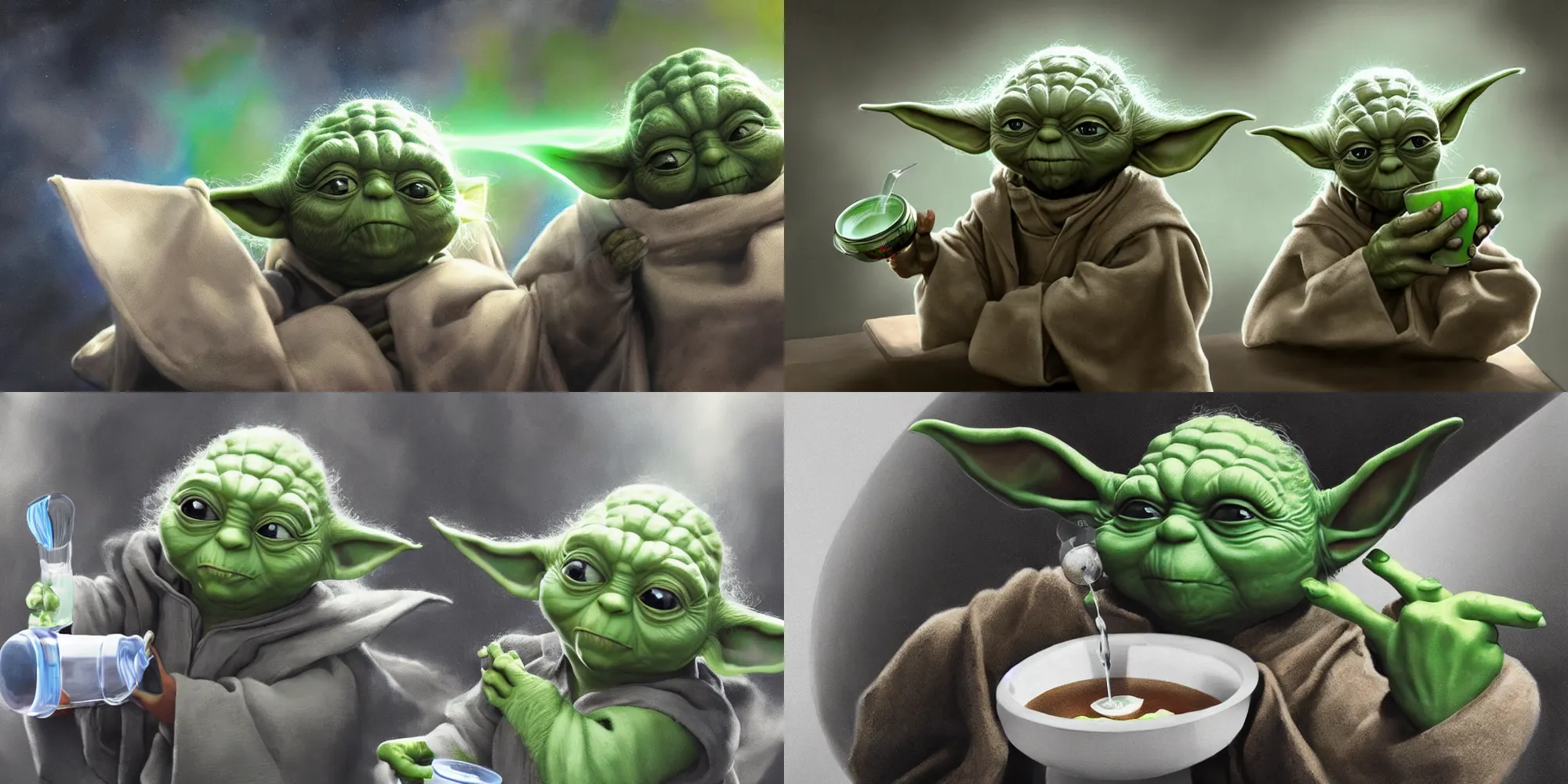 Prompt: high angle shot, overhead shot, hyperdetailed masterpiece concept art of Yoda drinking yogurt sitting on an UFO, 4k Detailed Matte Illustration trending on ArtStation