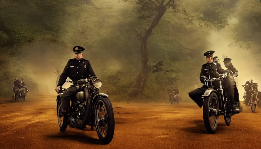 Image similar to a british officer driving a motorcycle alone in 1921 in kerala forest road, local people chasing to attack, furious action scene, chase, an epic fantasy, dramatic lighting, cinematic, establishing shot, extremely high detail, photorealistic, cinematic lighting, artstation, by christopher nolan, horizon forbidden west