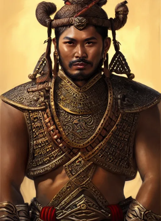 Image similar to smart tai warlord, closeup portrait, historical hero, ethnic group, sukhothai costume, bronze headset, intricate, with leather armor cross on bare chest, tai body tattoo, elegant, loin cloth, highly detailed, oil painting, artstation, concept art, matte, sharp focus, illustration, hearthstone, art by earl norem