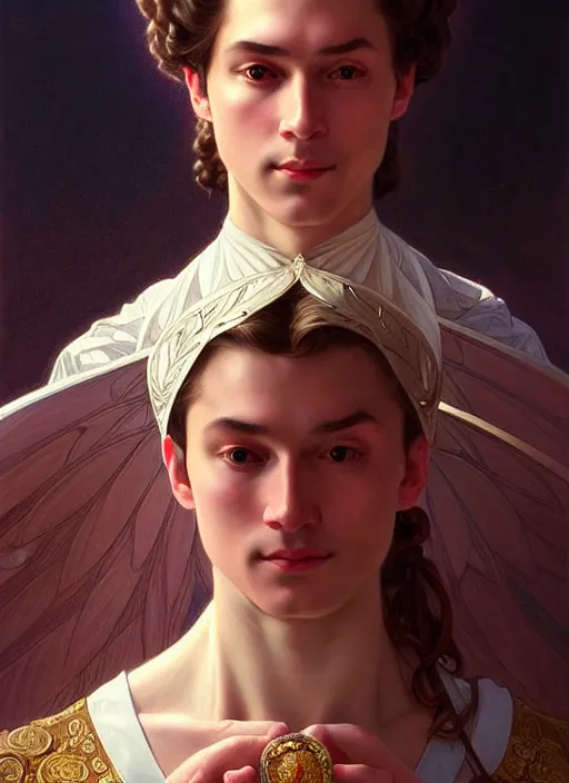 Image similar to portrait of alexandr pushkin perfection, symmetrical! intricate, elegant, highly detailed, vision of holy perfection, sleeping in a theatre!! smile, digital painting, artstation, concept art, smooth, sharp focus, illustration, art by artgerm and greg rutkowski and alphonse mucha